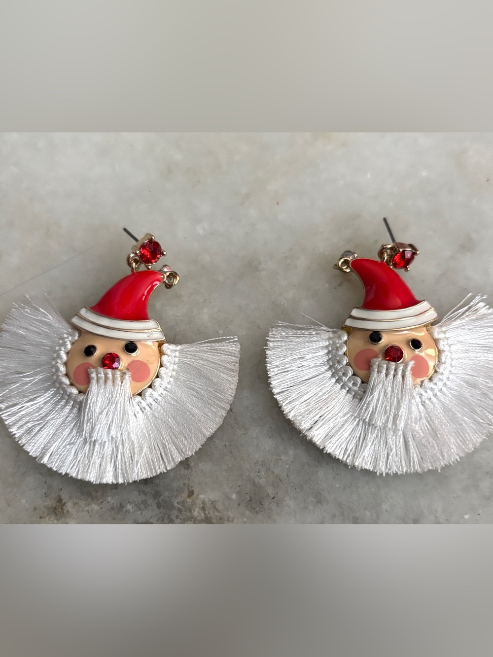 Santa Claus Earrings with Enamel Face & White Fringe Beard, Red Rhinestone Post